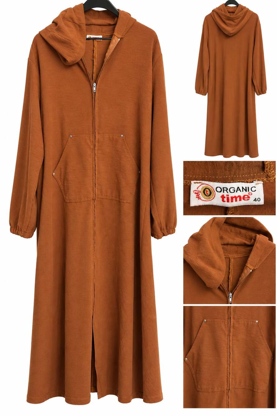 Organic Time Maxi Zip Up Hooded Sweatshirt Dress Size 40 Brown Long Sleeve